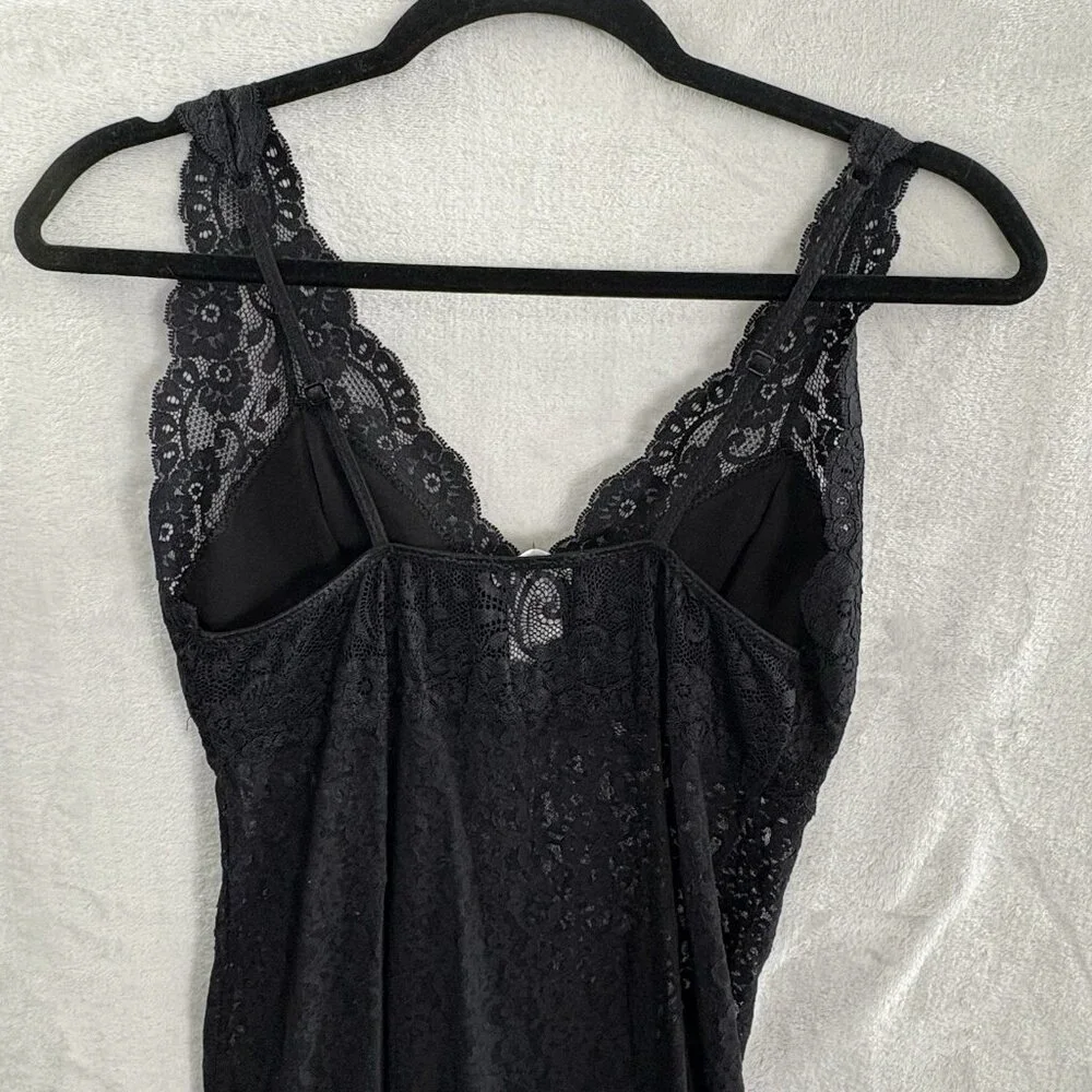Vtg ARIANNE Women Long Line V Neck Pad Bra Maxi Chemise Sz M Black Lace‎ 76-5